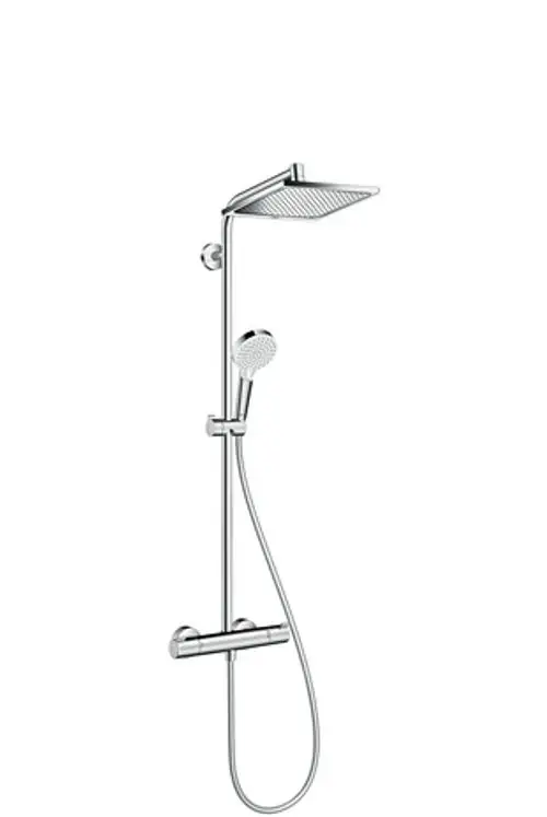 Hansgrohe Duschsystem mit einer Kopf- und Handbrause. Das System verfügt über einen Thermostat zur Temperaturregelung und eine verchromte Oberfläche.